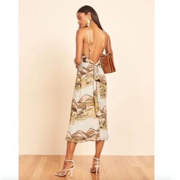 Reformation Dietrich Dress Size 2 Landscape Print Mountains Slip Backless - Picture 3 of 13
